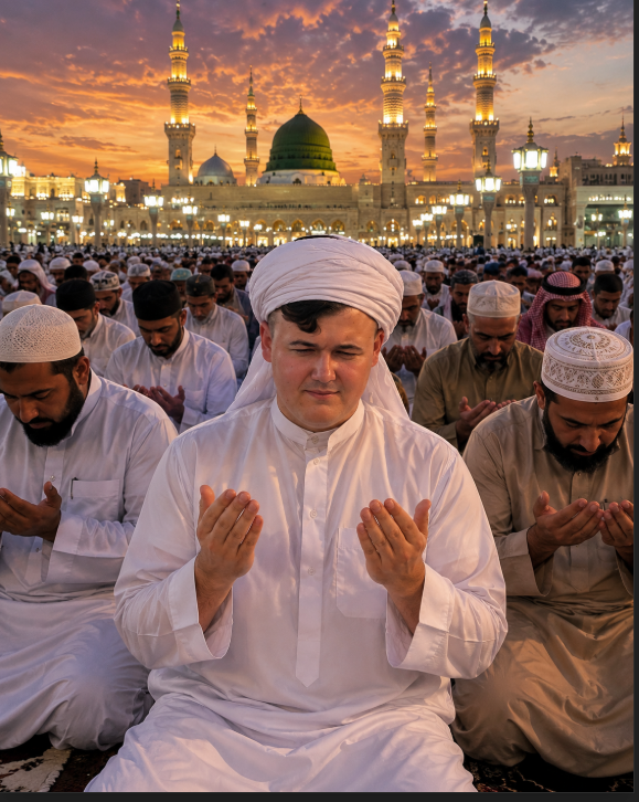 Community members making dua at sunset