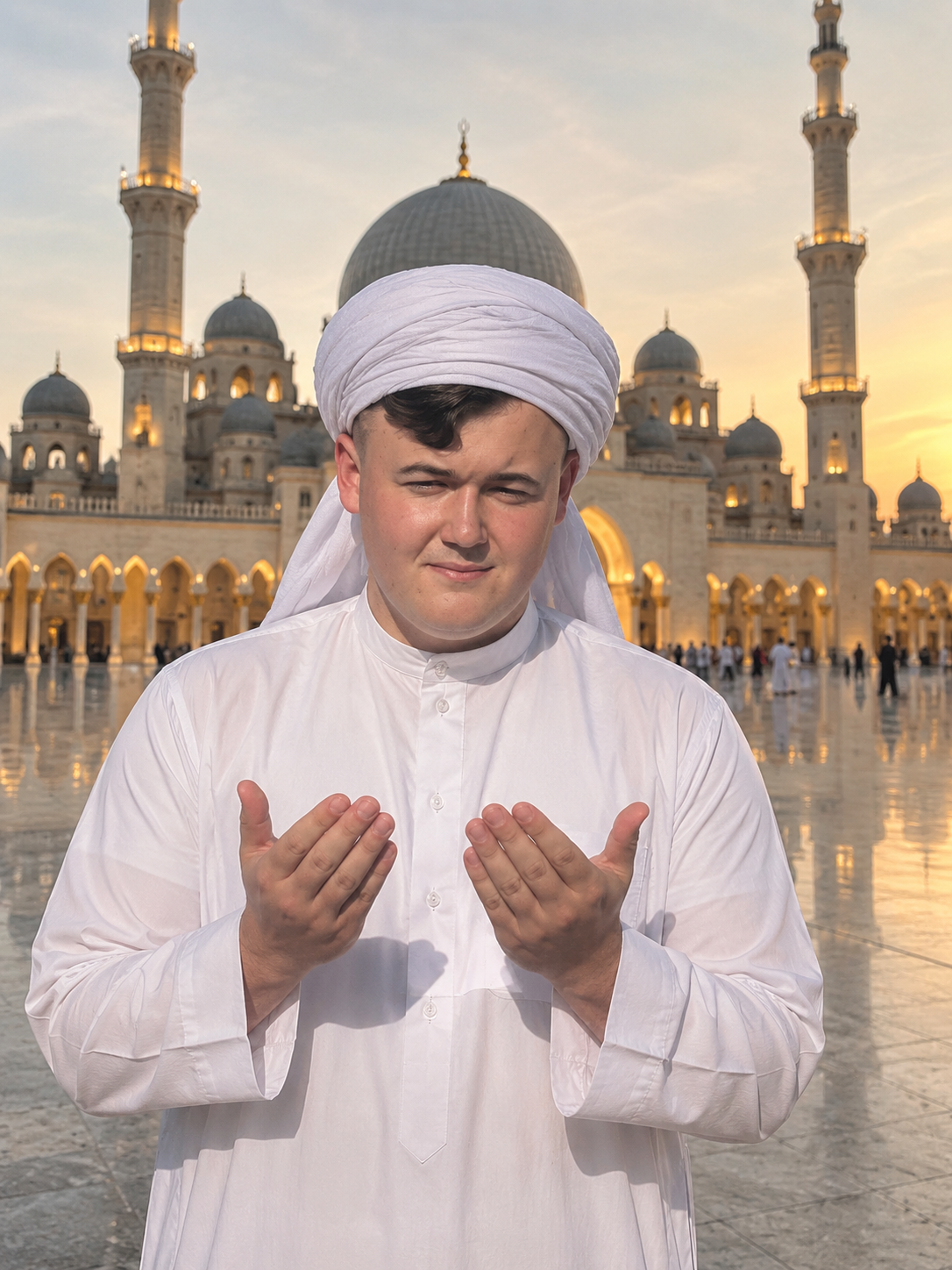 Community member making dua outside a mosque at sunset